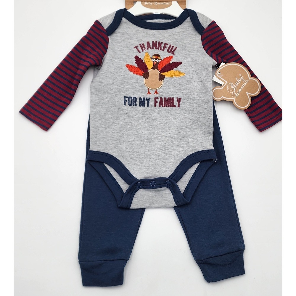 Baby 4 Piece Thankful Turkey Family Thanksgiving Outfit Onesie‎ Pants Hat 6M